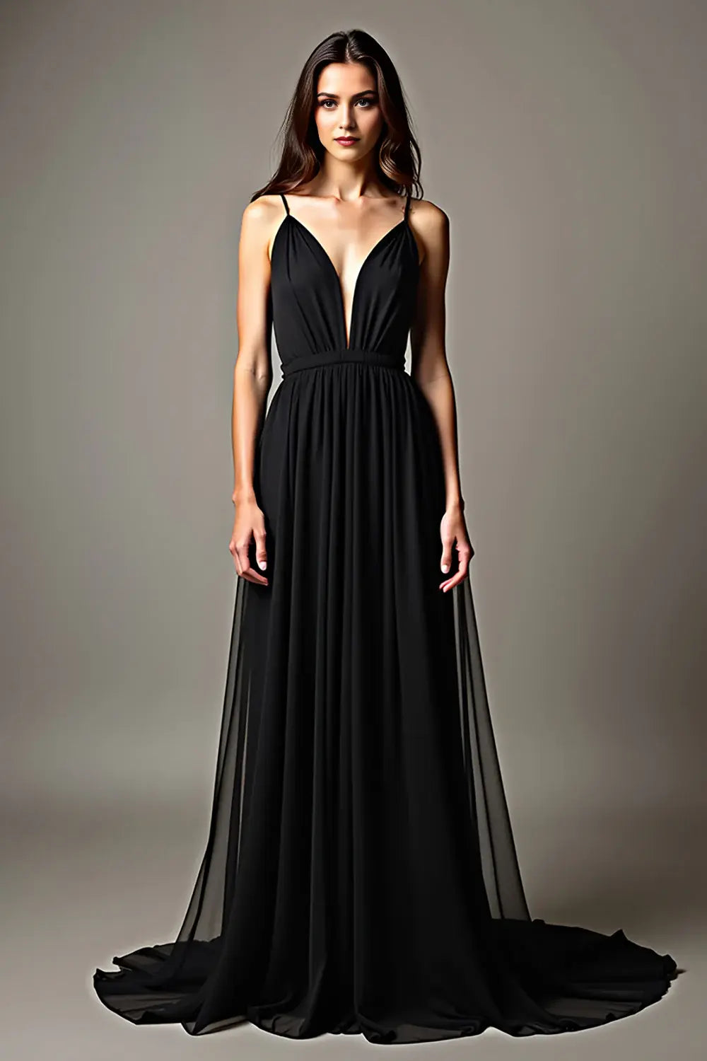 Elegant Black Tulle A Line Spaghetti Strap Deep V Neck Backless Long Evening Dress For Women