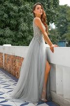 Gray Beaded A-Line V-Neck Sleeveless Evening Dress With Lace Detailing For Elegant Women