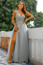 Gray Beaded A-Line V-Neck Sleeveless Evening Dress With Lace Detailing For Elegant Women