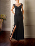 Mother Of The Bride Dress Elegant Floor Length Chiffon Lace Pleated Scoop Neck Short Sleeve For Mothers