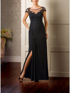 Mother Of The Bride Dress Elegant Floor Length Chiffon Lace Pleated Scoop Neck Short Sleeve For Mothers