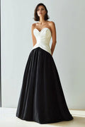 Black And White A Line Strapless Evening Dress With Pleated Bodice For Elegant Women