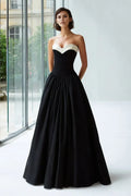 Elegant Satin Strapless Evening Dress Black White With Sweetheart Neckline And Pleated Detail For Formal Events