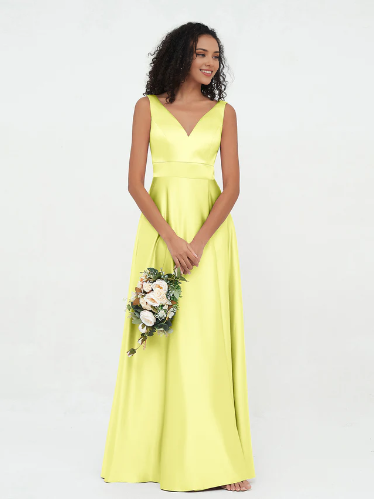 Satin Spaghetti-Strap Deep V-Neck A-Line Floor-Length Bridesmaid Dresses