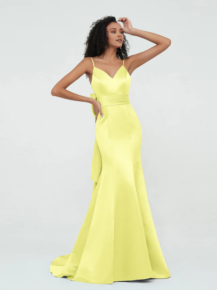 Satin Spaghetti-Strap Deep V-Neck Back Bow Detail A-Line Floor-Length Bridesmaid Dresses