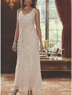 Mother Of The Bride Dress Two Piece Sheath In Chiffon With Sequins And Long Sleeve Elegant V Neck Ankle Length