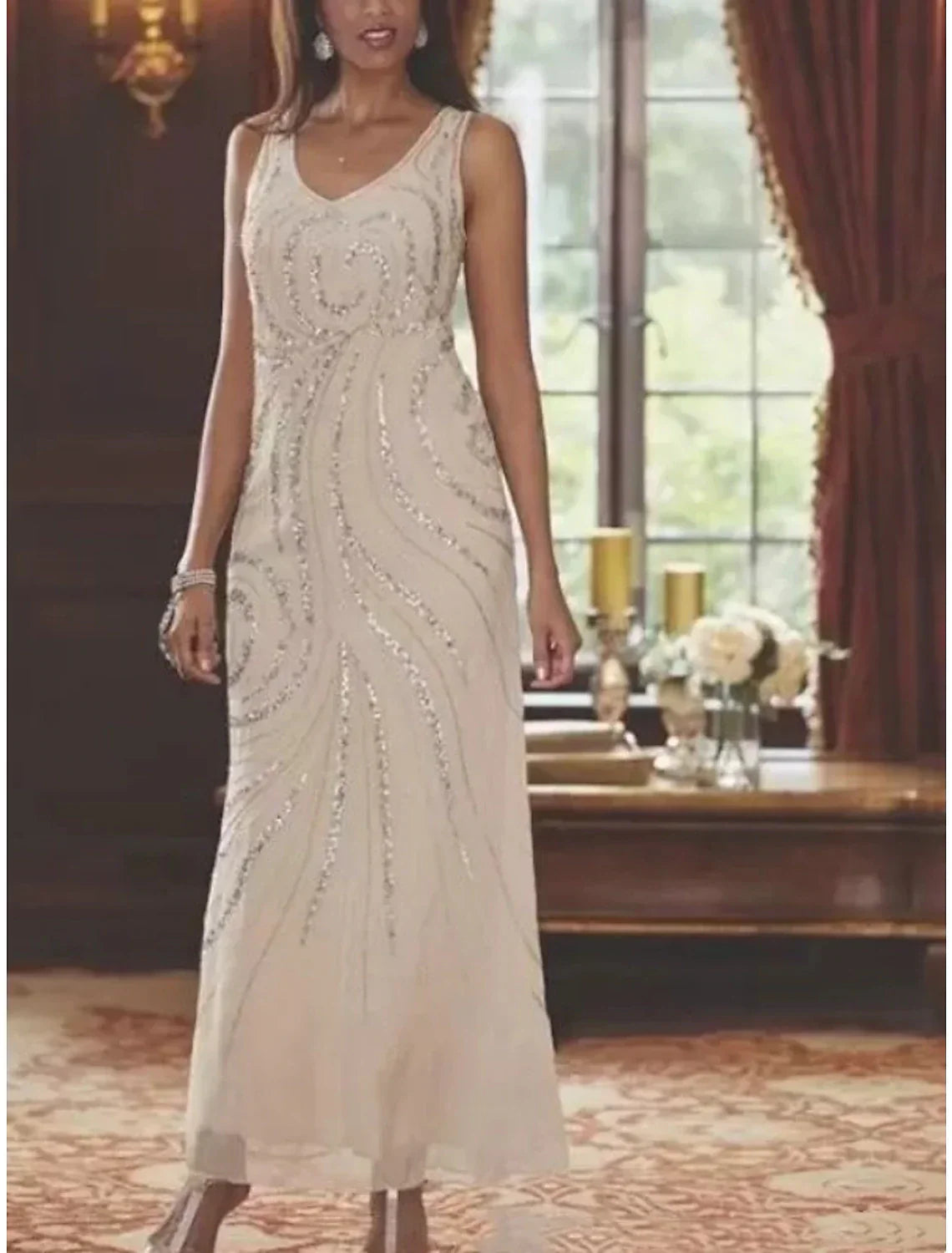 Mother Of The Bride Dress Two Piece Sheath In Chiffon With Sequins And Long Sleeve Elegant V Neck Ankle Length