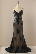 Exquisite Black Mermaid Evening Dress With Beaded Lace Applique V Neck Backless Spaghetti Straps For Glamorous Women