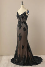 Exquisite Black Mermaid Evening Dress With Beaded Lace Applique V Neck Backless Spaghetti Straps For Glamorous Women