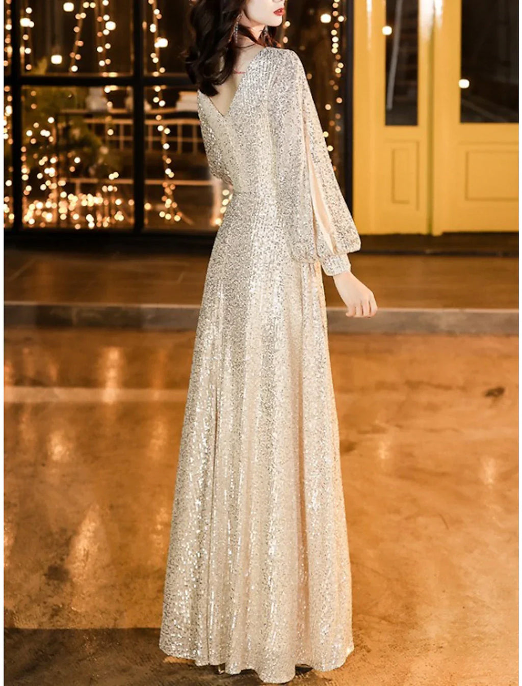Mother Of The Bride Dress Sheath Sequined Petite V Neck Floor Length With Pleats Elegant Sparkle