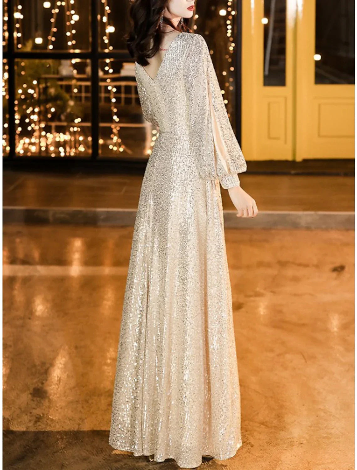 Mother Of The Bride Dress Sheath Sequined Petite V Neck Floor Length With Pleats Elegant Sparkle