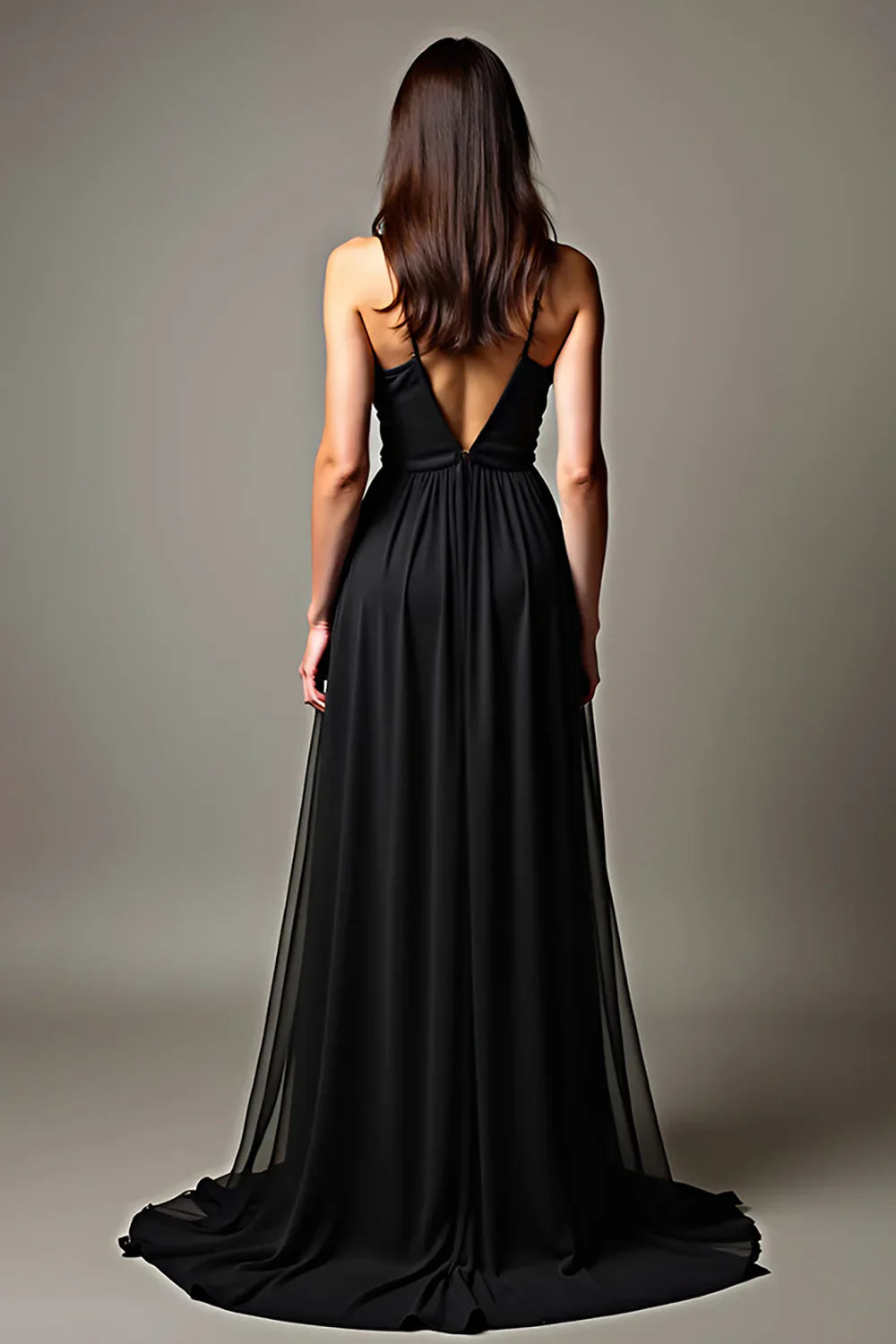 Elegant Black Tulle A Line Spaghetti Strap Deep V Neck Backless Long Evening Dress For Women