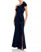 Vivid Mermaid Sweetheart One Shoulder Ruffle Accent Open Back Floor Length Female Prom Dress