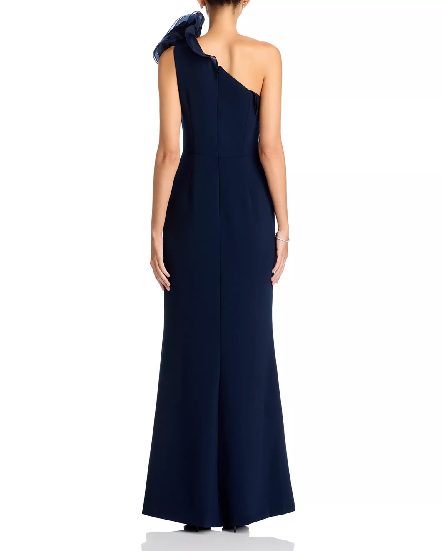 Vivid Mermaid Sweetheart One Shoulder Ruffle Accent Open Back Floor Length Female Prom Dress
