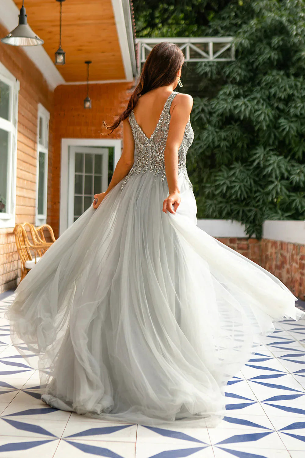 Gray Beaded A-Line V-Neck Sleeveless Evening Dress With Lace Detailing For Elegant Women