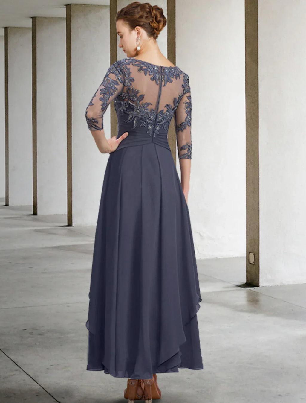 Plus Size Elegant Mother Of The Bride Dress With Appliques Chiffon Lace Sequin Three Quarter Sleeve Ruched A Line