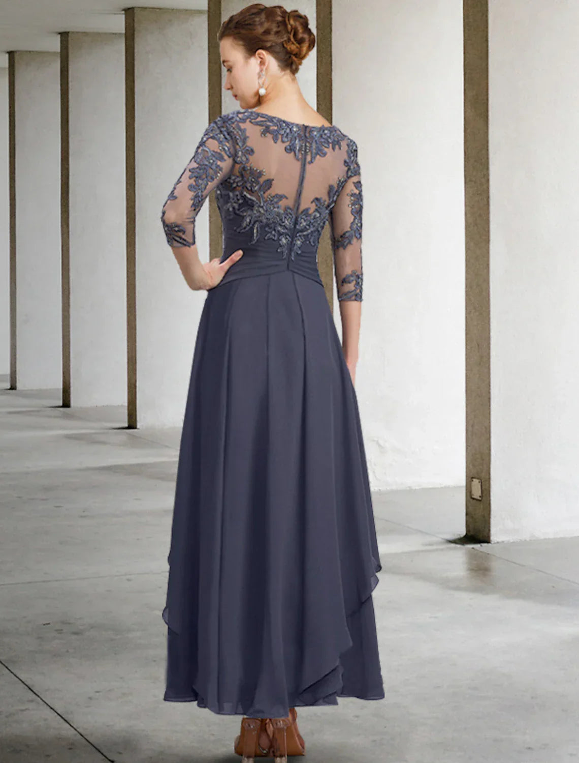 Plus Size Elegant Mother Of The Bride Dress With Appliques Chiffon Lace Sequin Three Quarter Sleeve Ruched A Line