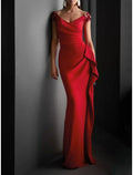 Sheath Party Dress Evening Gown Christmas Red Green Dress Formal Evening Sweep / Brush Train Short Sleeve V Neck Fall Wedding Guest Jersey with Draping