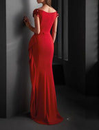 Sheath Party Dress Evening Gown Christmas Red Green Dress Formal Evening Sweep / Brush Train Short Sleeve V Neck Fall Wedding Guest Jersey with Draping