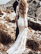 Beach Wedding Dresses Color Boho Mermaid Gown With Lace Appliques Long Sleeve Scoop Neck For Beach Brides