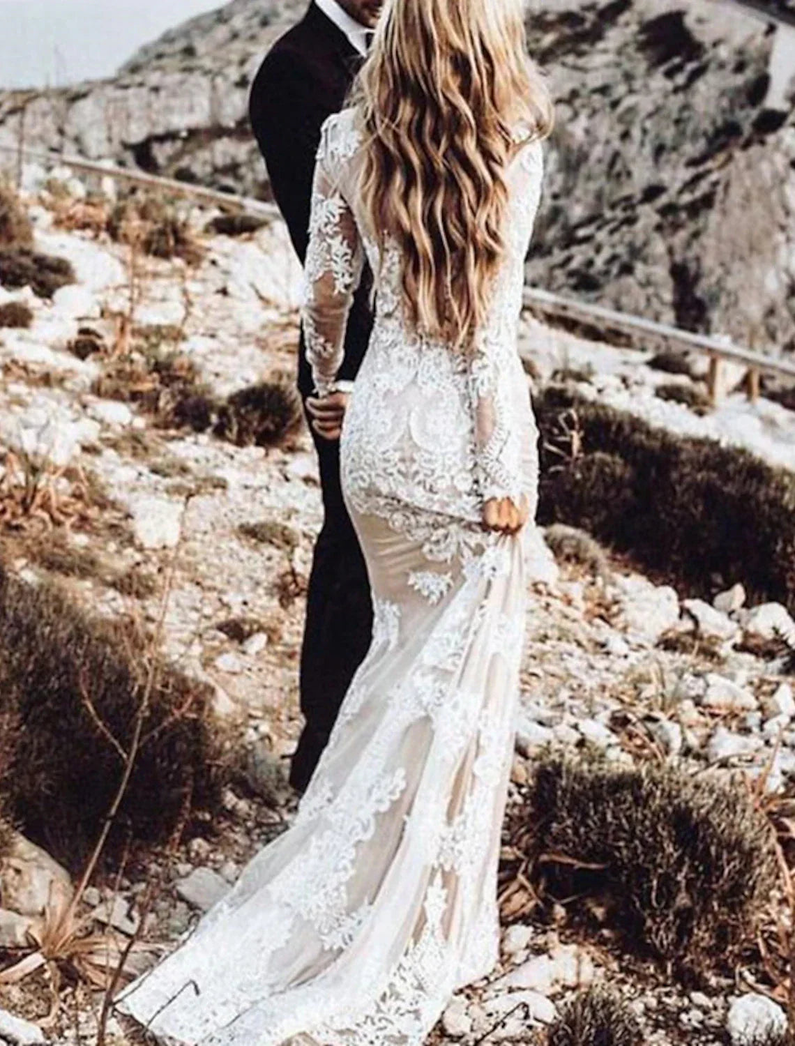 Beach Wedding Dresses Color Boho Mermaid Gown With Lace Appliques Long Sleeve Scoop Neck For Beach Brides