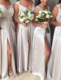 Bridesmaid Dress Aline Vneck Sleeveless With Lace Charmeuse And Split Elegant Sweep Train