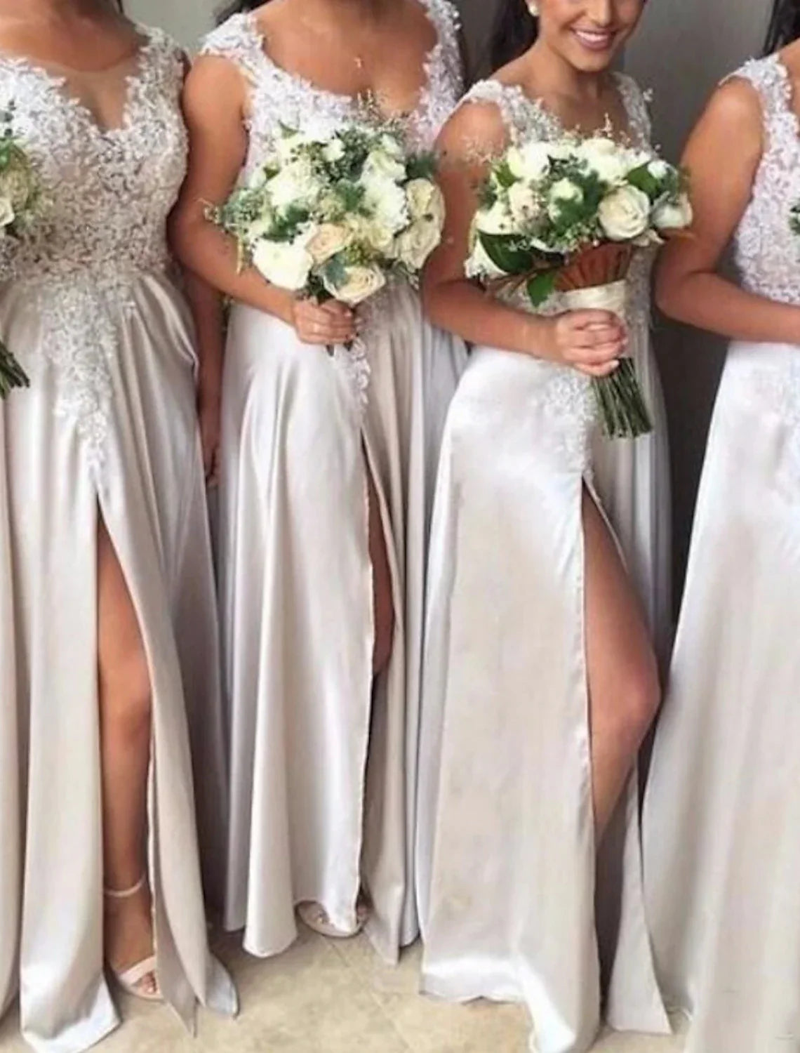 Bridesmaid Dress Aline Vneck Sleeveless With Lace Charmeuse And Split Elegant Sweep Train