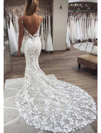 Beach Boho Mermaid Wedding Dress With Lace Appliques Camisole V Neck Spaghetti Straps Chapel Train For Brides