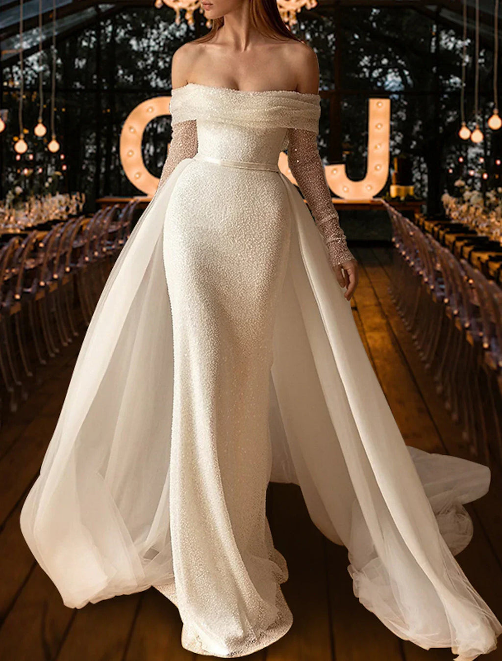 Beach Wedding Dress Mermaid Silhouette With Sequined Overskirts Off Shoulder Long Sleeve Glam Bride Gown