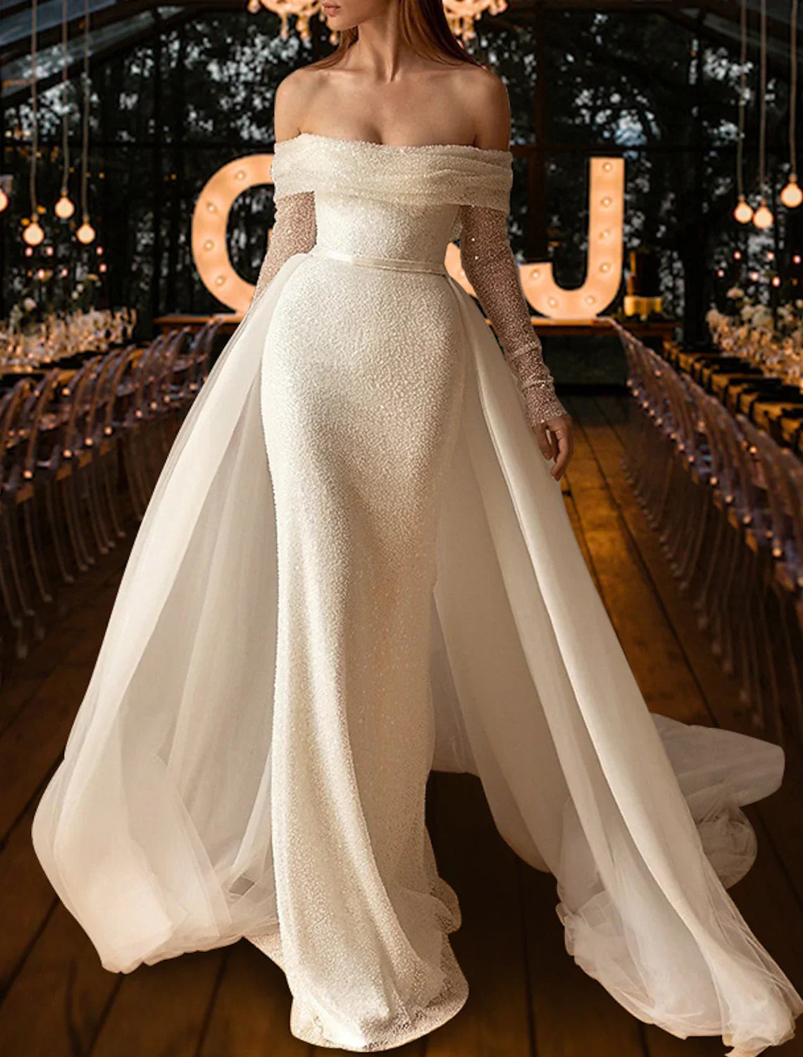 Beach Wedding Dress Mermaid Silhouette With Sequined Overskirts Off Shoulder Long Sleeve Glam Bride Gown