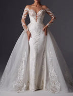 Mermaid Satin Wedding Dress Off Shoulder Long Sleeve With Court Train And Appliques For Brides