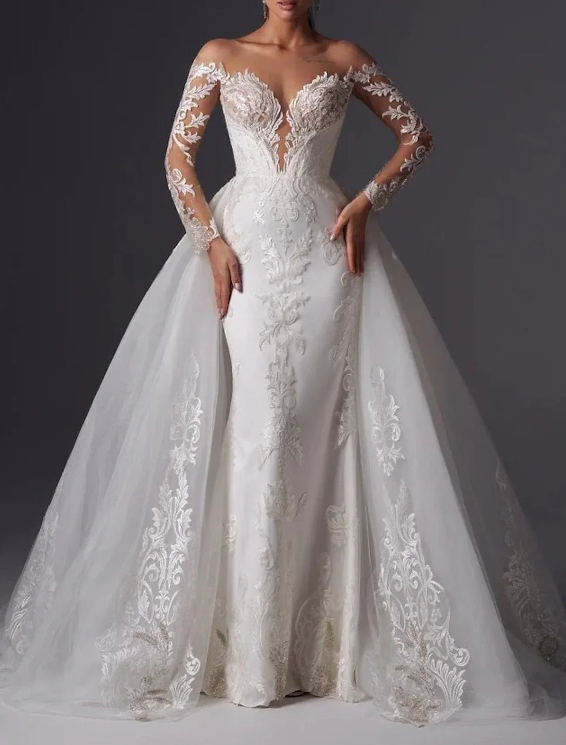 Mermaid Satin Wedding Dress Off Shoulder Long Sleeve With Court Train And Appliques For Brides