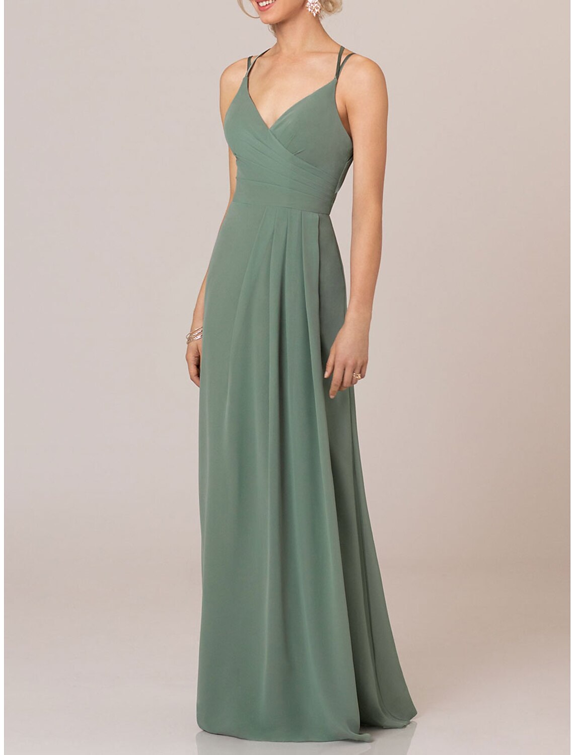 A Line Elegant Bridesmaid Dress With Spaghetti Straps V Neck Floor Length Chiffon Shantung Imitated Silk Draping