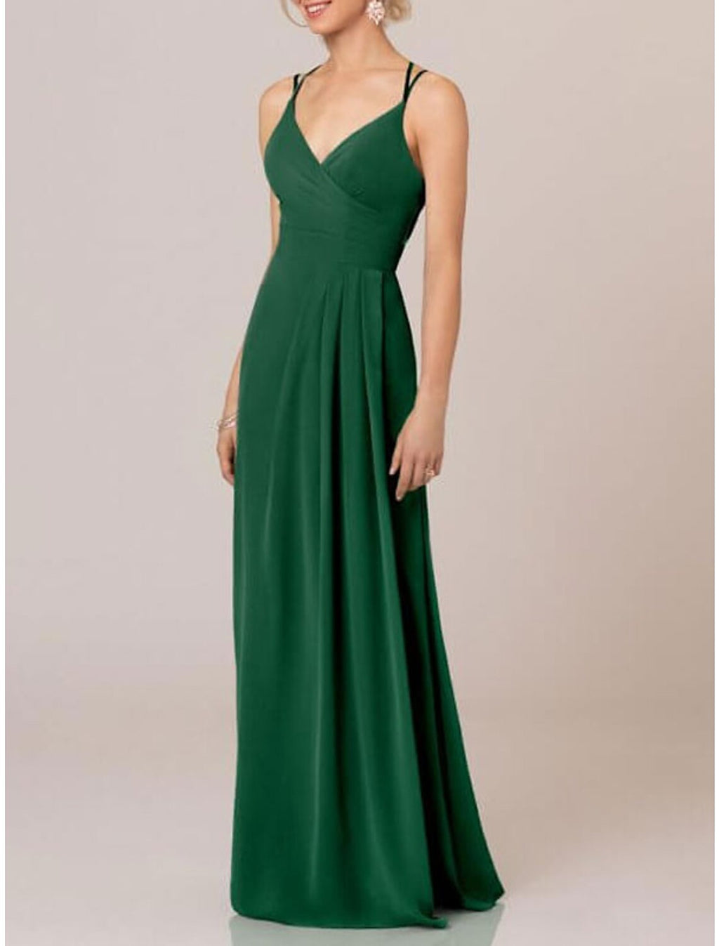 A Line Elegant Bridesmaid Dress With Spaghetti Straps V Neck Floor Length Chiffon Shantung Imitated Silk Draping