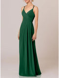 A Line Elegant Bridesmaid Dress With Spaghetti Straps V Neck Floor Length Chiffon Shantung Imitated Silk Draping