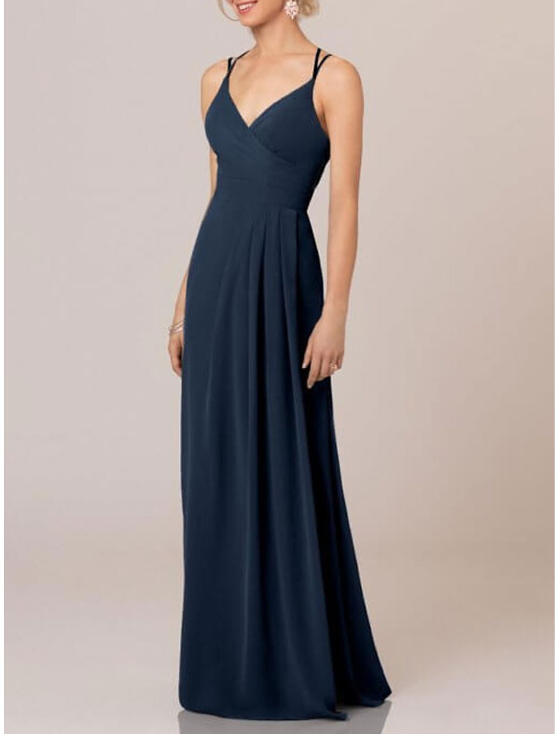 A Line Elegant Bridesmaid Dress With Spaghetti Straps V Neck Floor Length Chiffon Shantung Imitated Silk Draping