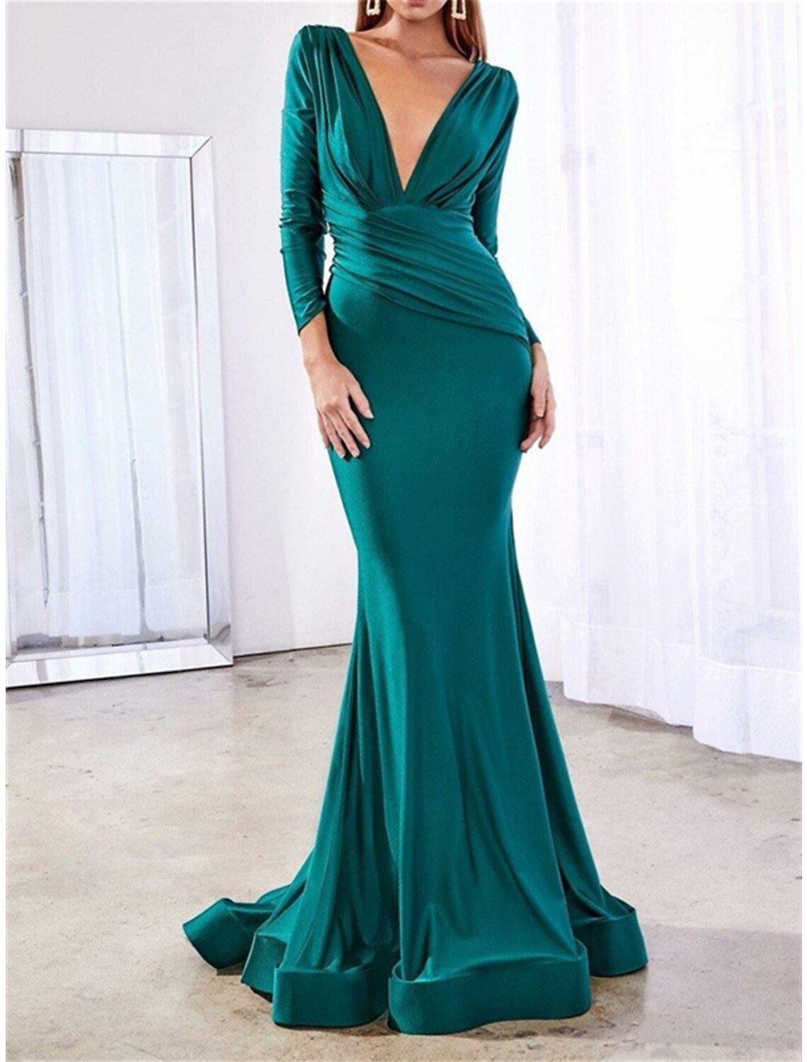 Mermaid Bridesmaid Dress V Neck Long Sleeve Elegant Chiffon With Ruching And Court Train
