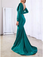 Mermaid Bridesmaid Dress V Neck Long Sleeve Elegant Chiffon With Ruching And Court Train