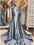 Bridesmaids Dress Mermaid Trumpet Silhouette In Blue Satin Off Shoulder Sleeveless With Ruching And Court Train