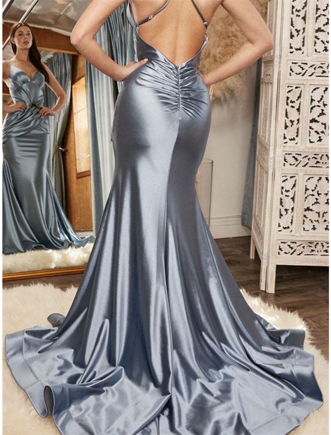 Bridesmaids Dress Mermaid Trumpet Silhouette In Blue Satin Off Shoulder Sleeveless With Ruching And Court Train