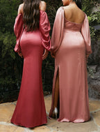 Elegant Mermaid Bridesmaid Dress Off Shoulder Long Sleeve Pink Floor Length Chiffon Satin With Split Front Ruching