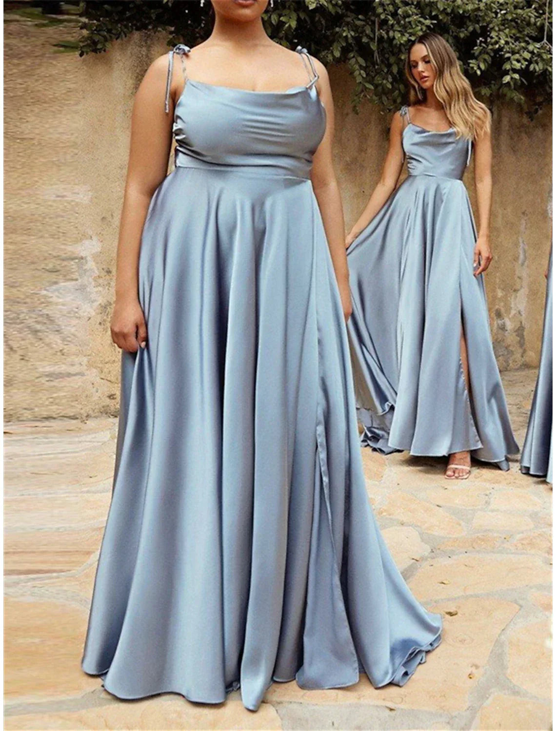 Elegant A Line Bridesmaid Dress Spaghetti Strap Ruched Chiffon Satin With Court Train Split Front For Bridesmaids