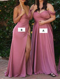 Elegant Aline Bridesmaid Dress Off Shoulder Sleeveless Pink Chiffon Floor Length With Ruched Bodice And Split Front