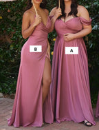 Elegant Aline Bridesmaid Dress Off Shoulder Sleeveless Pink Chiffon Floor Length With Ruched Bodice And Split Front