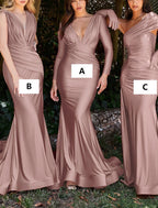 Mermaid Bridesmaid Dress V Neck Long Sleeve Elegant Chiffon With Ruching And Court Train