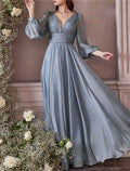 Aline Bridesmaid Dress With V Neck Long Sleeve Blue Floor Length Chiffon Ruching For Bridesmaids