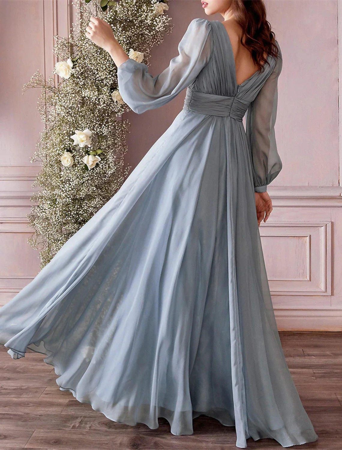 Aline Bridesmaid Dress With V Neck Long Sleeve Blue Floor Length Chiffon Ruching For Bridesmaids
