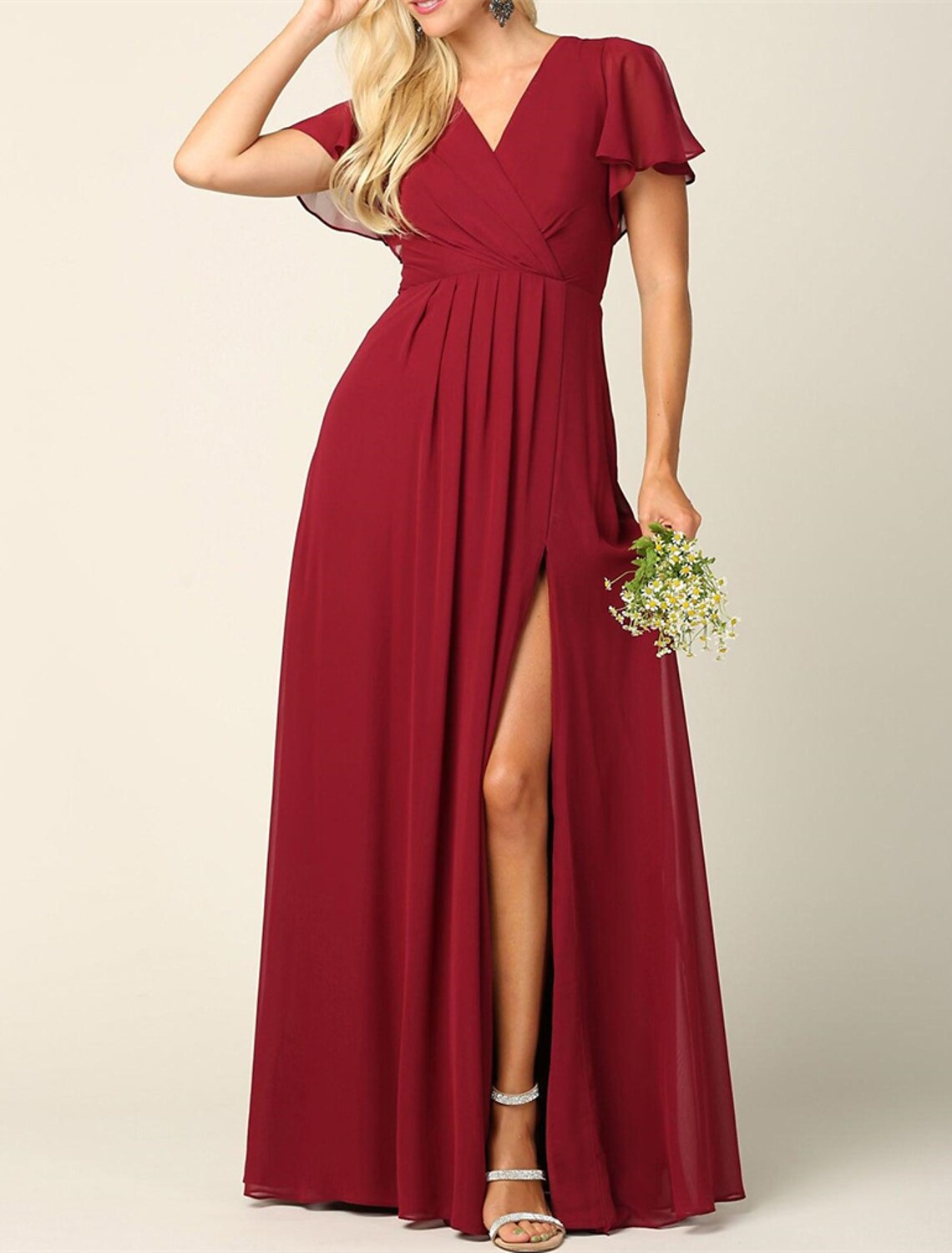Bridesmaid Dress Aline V Neck Short Sleeve Elegant Chiffon Floor Length With Split Front Ruched For Bridesmaids