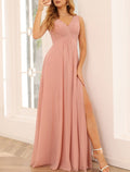 Elegant A Line Bridesmaid Dress V Neck Sleeveless Pink Floor Length Chiffon Split Front Ruched For Bridesmaids