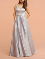Elegant Bridesmaid Dress A Line V Neck Sleeveless Floor Length Shantung Jersey With Pleats Ruffles Ruching